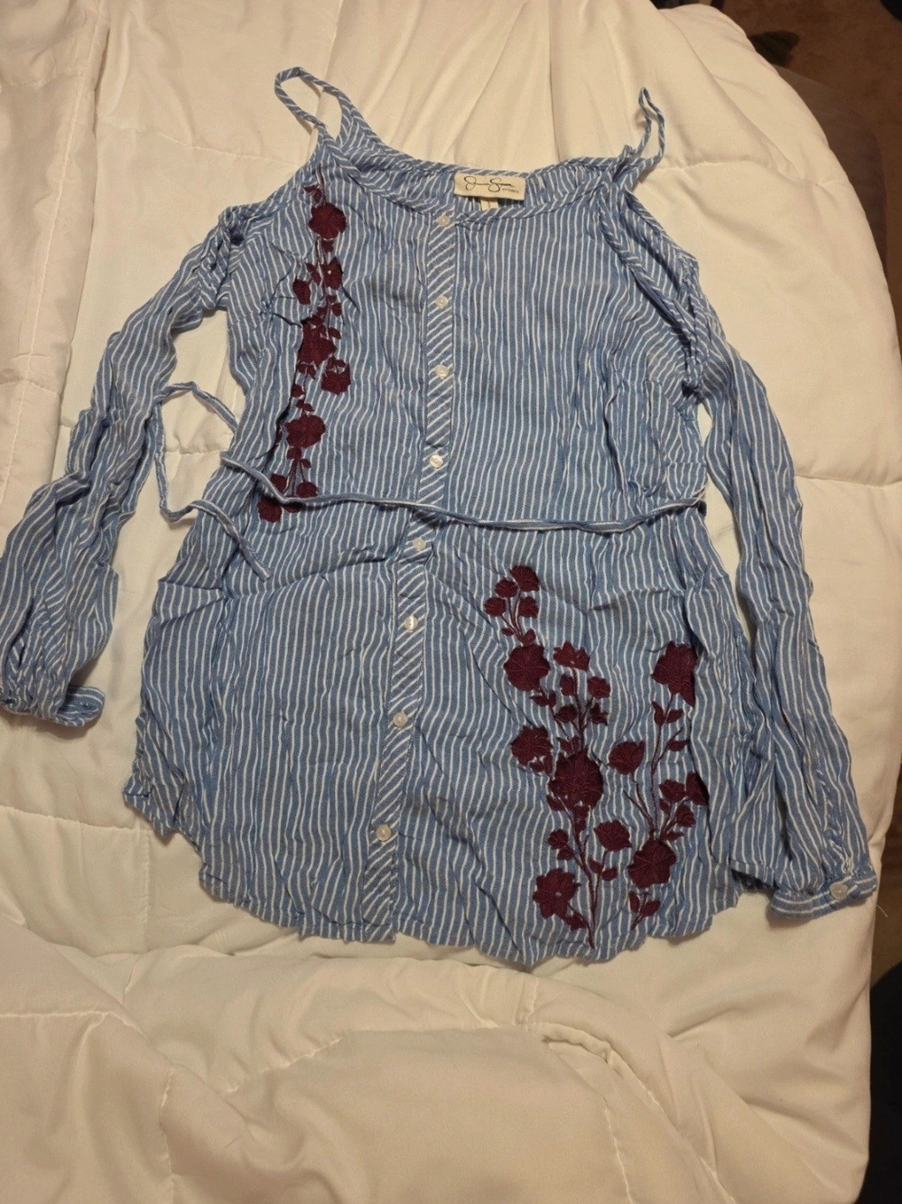 MATERNITY Striped Blue Cold-Shoulder Floral Embroidered Women’s Top - Picture 1 of 2